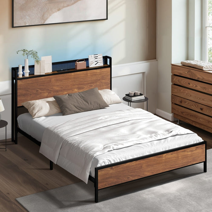 Duomo Wood Metal LED Lights Storage Bed | Multi Functional Storage LED and USB Charging Bed Frame
