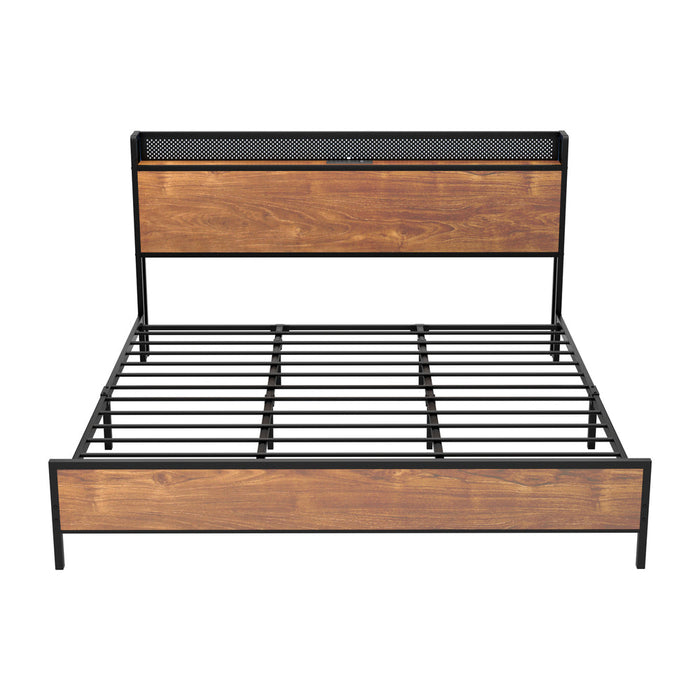 Duomo Wood Metal LED Lights Storage Bed | Multi Functional Storage LED and USB Charging Bed Frame