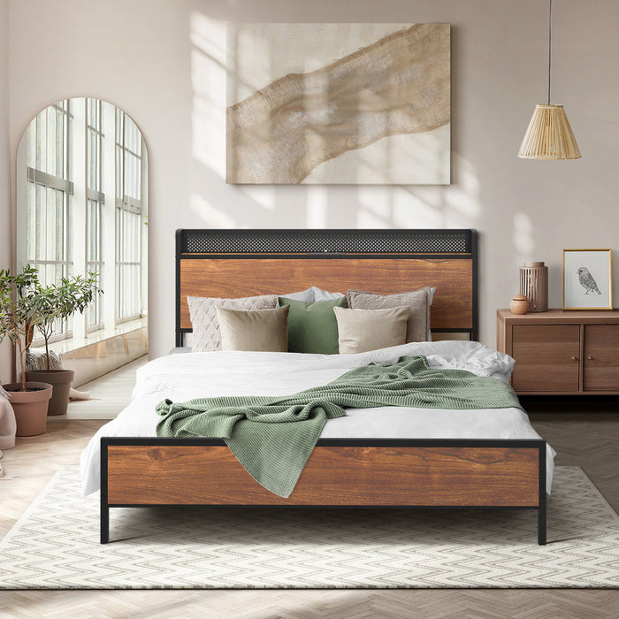 Duomo Wood Metal LED Lights Storage Bed | Multi Functional Storage LED and USB Charging Bed Frame