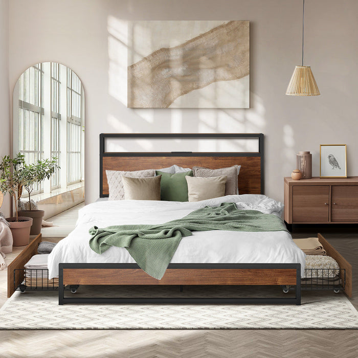Pazzi Wood Metal LED Lights Storage Bed | Multi Functional Storage LED and USB Charging Bed Frame
