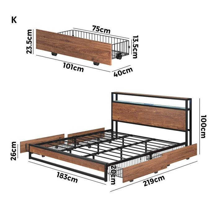 Pazzi Wood Metal LED Lights Storage Bed | Multi Functional Storage LED and USB Charging Bed Frame