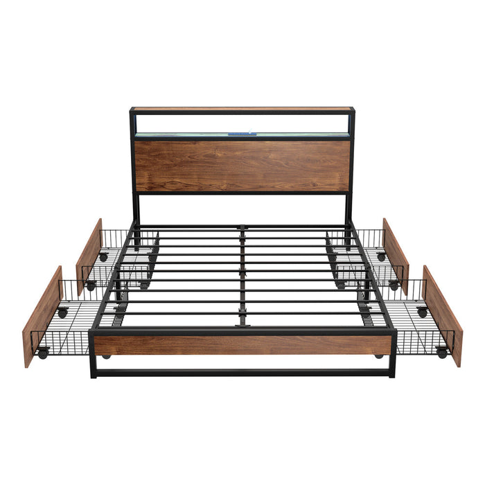 Pazzi Wood Metal LED Lights Storage Bed | Multi Functional Storage LED and USB Charging Bed Frame