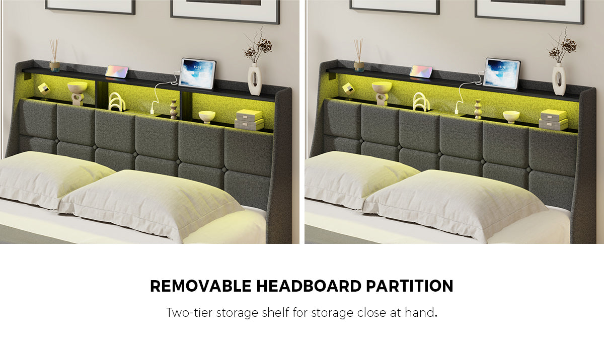 Amaro LED Storage Bed with USB Charging | Grey Fabric Headboard Storage LED Lights Bed Frame