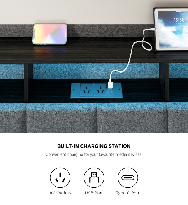 Amaro LED Storage Bed with USB Charging | Grey Fabric Headboard Storage LED Lights Bed Frame