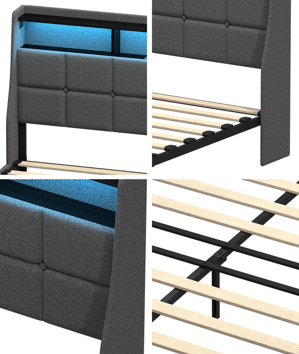 Amaro LED Storage Bed with USB Charging | Grey Fabric Headboard Storage LED Lights Bed Frame