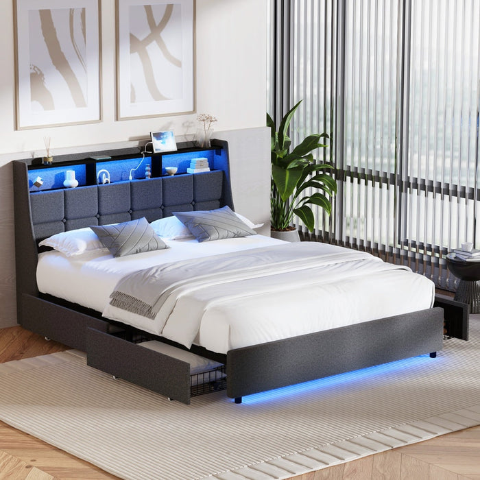Amaro LED Storage Bed with USB Charging | Grey Fabric Headboard Storage LED Lights Bed Frame