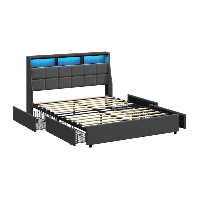 Amaro LED Storage Bed with USB Charging | Grey Fabric Headboard Storage LED Lights Bed Frame