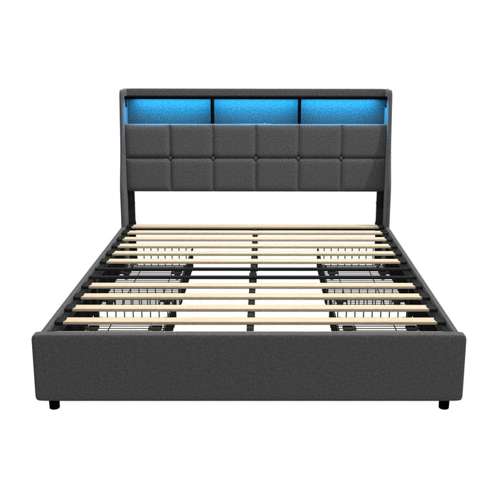 Amaro LED Storage Bed with USB Charging | Grey Fabric Headboard Storage LED Lights Bed Frame