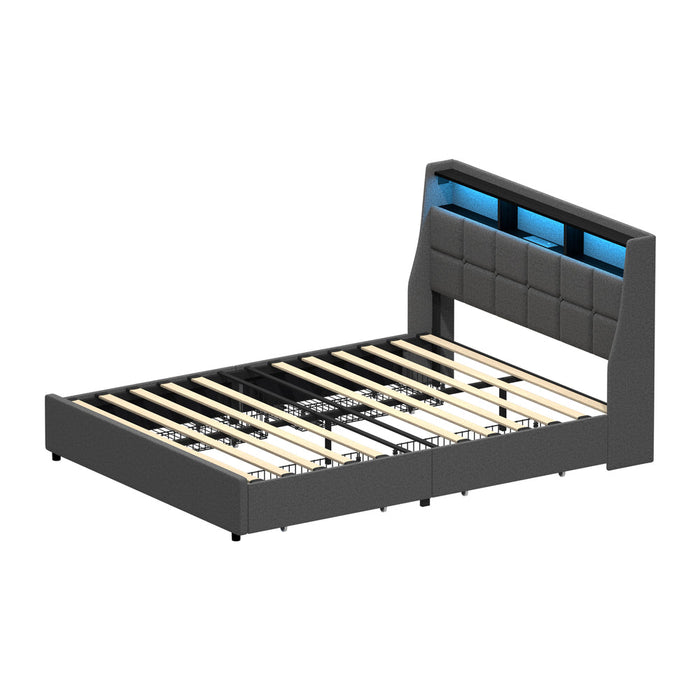 Amaro LED Storage Bed with USB Charging | Grey Fabric Headboard Storage LED Lights Bed Frame