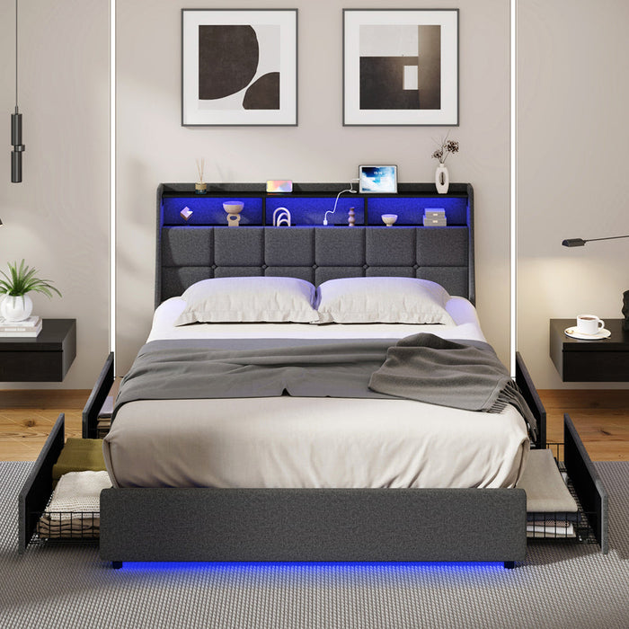 Amaro LED Storage Bed with USB Charging | Grey Fabric Headboard Storage LED Lights Bed Frame