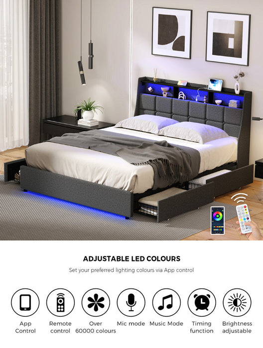 Amaro LED Storage Bed with USB Charging | Grey Fabric Headboard Storage LED Lights Bed Frame