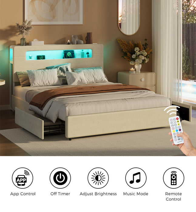 Sannero LED Storage Bed with USB Charging | Metal Frame White Linen Fabric LED Lights Bed Frame