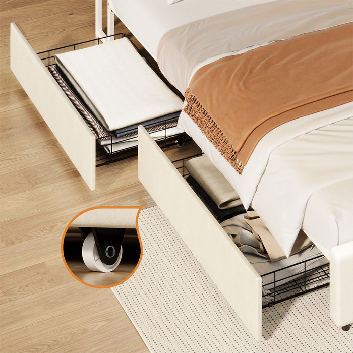 Sannero LED Storage Bed with USB Charging | Metal Frame White Linen Fabric LED Lights Bed Frame