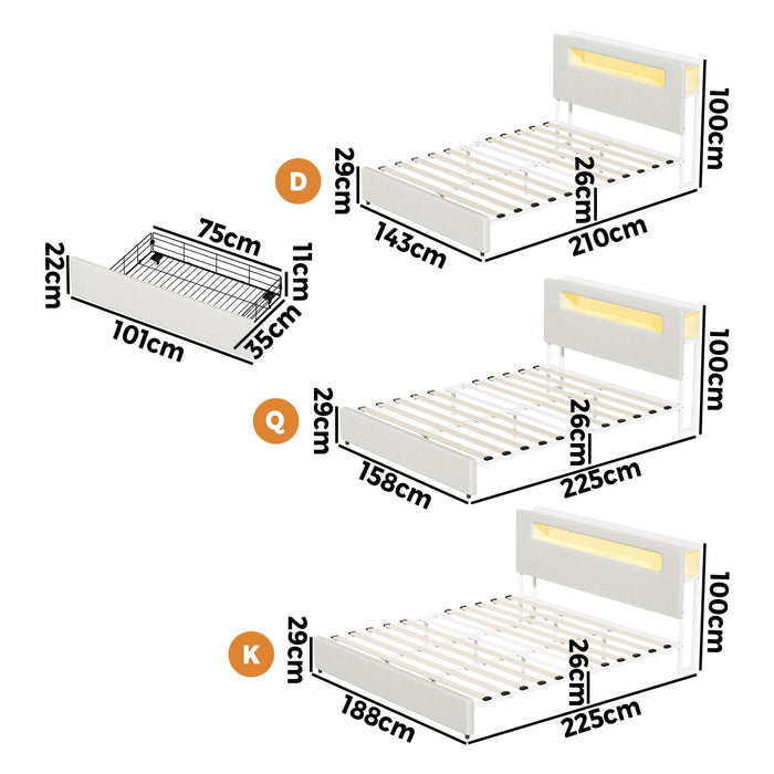Sannero LED Storage Bed with USB Charging | Metal Frame White Linen Fabric LED Lights Bed Frame