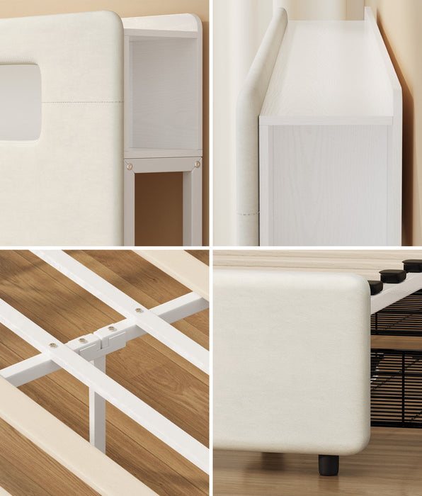 Sannero LED Storage Bed with USB Charging | Metal Frame White Linen Fabric LED Lights Bed Frame