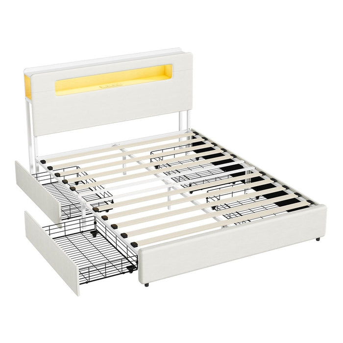 Sannero LED Storage Bed with USB Charging | Metal Frame White Linen Fabric LED Lights Bed Frame