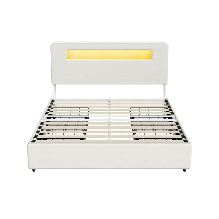 Sannero LED Storage Bed with USB Charging | Metal Frame White Linen Fabric LED Lights Bed Frame