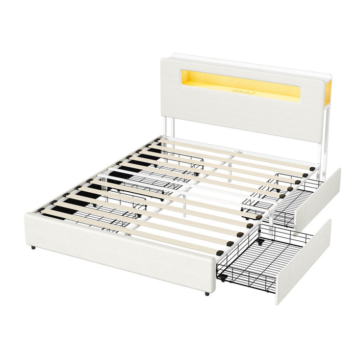 Sannero LED Storage Bed with USB Charging | Metal Frame White Linen Fabric LED Lights Bed Frame
