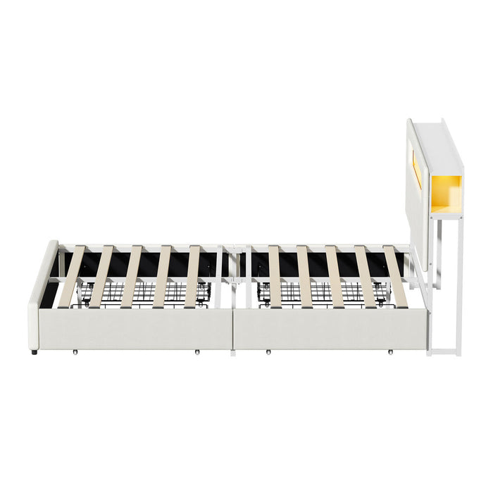Sannero LED Storage Bed with USB Charging | Metal Frame White Linen Fabric LED Lights Bed Frame