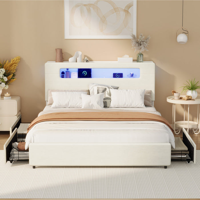 Sannero LED Storage Bed with USB Charging | Metal Frame White Linen Fabric LED Lights Bed Frame