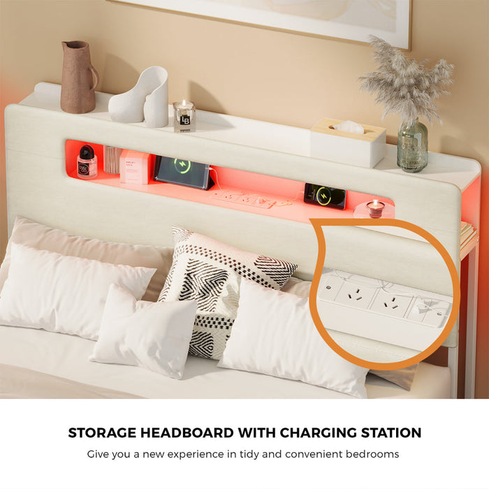 Sannero LED Storage Bed with USB Charging | Metal Frame White Linen Fabric LED Lights Bed Frame