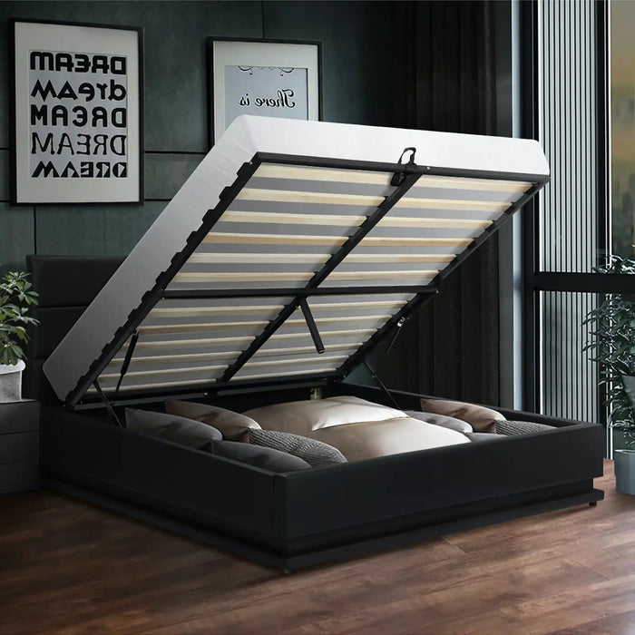 Carlo Supreme PU Leather LED Bed Frame | Black PU Leather Gas Lift Storage Bed