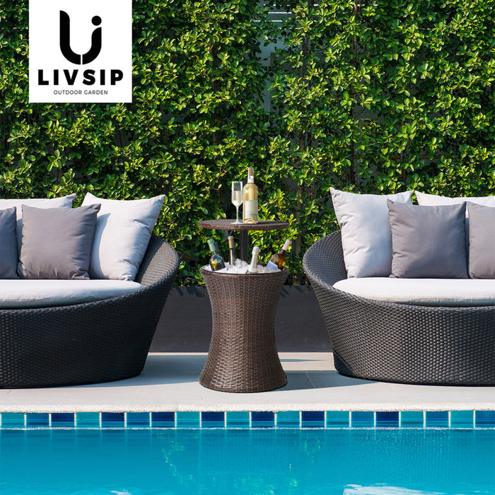 Amari Two in One Rattan Ice Bucket Storage Table | Round Secret Ice Storage Wicker Table