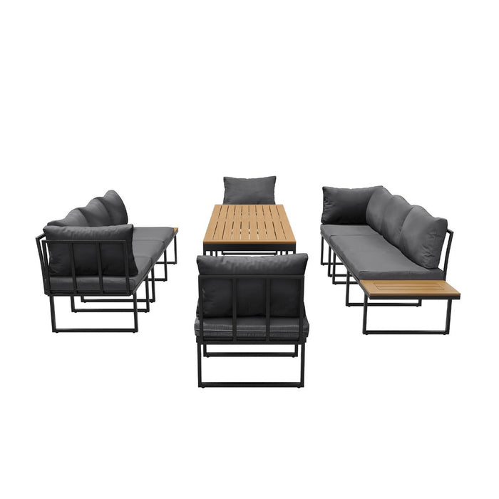 Bolero Amalfi 8 Seater Cushioned Outdoor Lounge Set with Table | Modern Metal Wood Soft Cushion Outdoor Dining Sofa Set