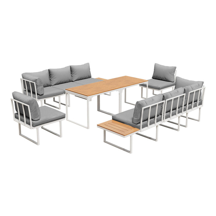 Bolero Amalfi 8 Seater Cushioned Outdoor Lounge Set with Table | Modern Metal Wood Soft Cushion Outdoor Dining Sofa Set