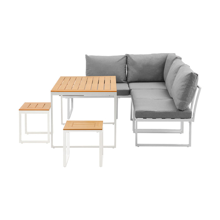 Bolero Amalfi 6 Seater Cushioned Outdoor Lounge Set with Table | Modern Metal Wood Soft Cushion Outdoor Dining Sofa Set