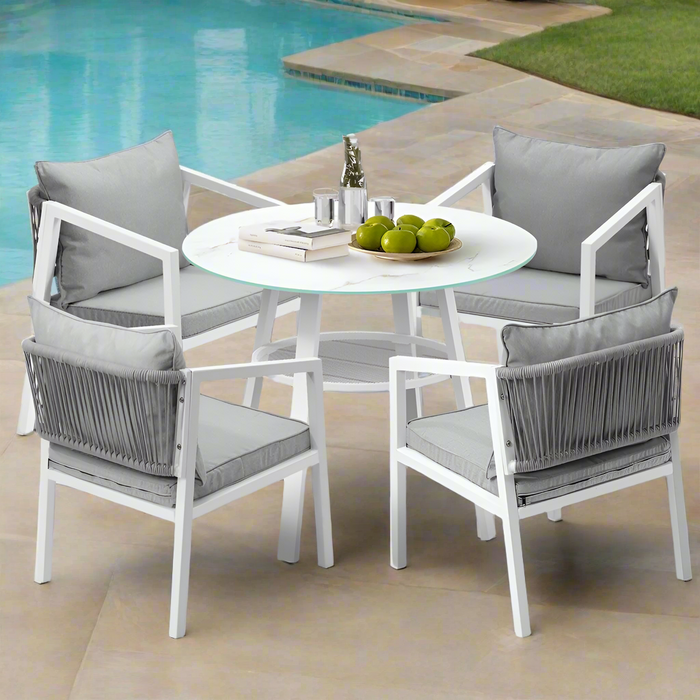 Piazza White 3 or 5pc Marble Style Table and Chair Outdoor Set | Soft Cushioned Chairs and Table Patio Furniture Set