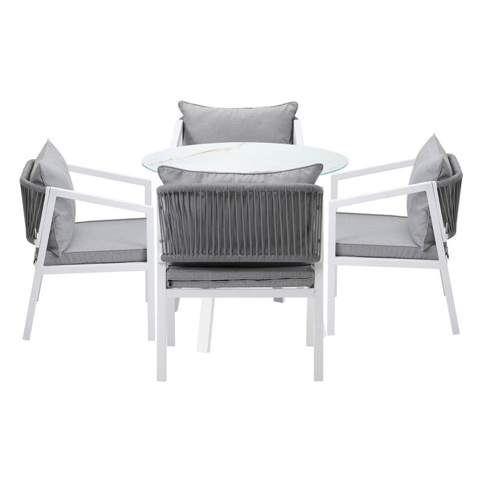 Piazza White 3 or 5pc Marble Style Table and Chair Outdoor Set | Soft Cushioned Chairs and Table Patio Furniture Set