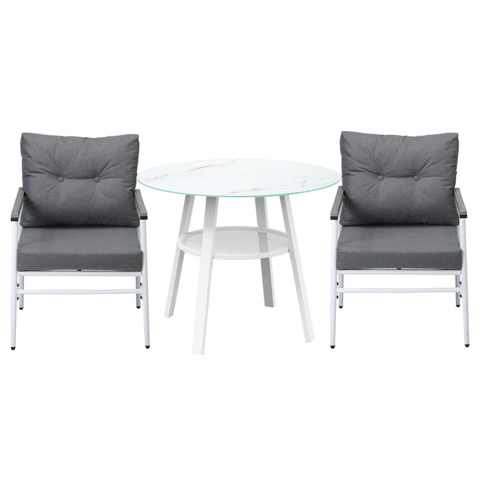 Piazza White 3 or 5pc Marble Style Table and Chair Outdoor Set | Soft Cushioned Chairs and Table Patio Furniture Set