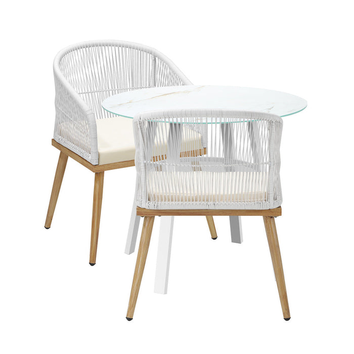 Piazza White 3 or 5pc Marble Style Table and Chair Outdoor Set | Soft Cushioned Chairs and Table Patio Furniture Set