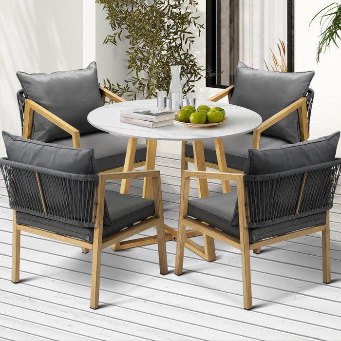 Designer 5pc Marble Stone Style Table and Chair Outdoor Set | Soft Cushioned Chairs and Table Patio Furniture Set