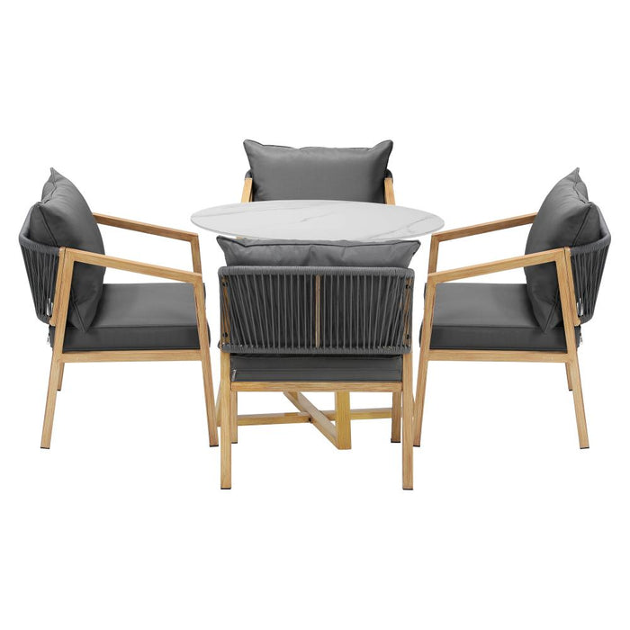 Designer 5pc Marble Stone Style Table and Chair Outdoor Set | Soft Cushioned Chairs and Table Patio Furniture Set