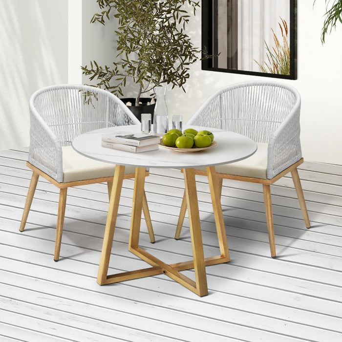 Designer 3pc Marble Stone Style Table and Chair Outdoor Set | Soft Cushioned Chairs and Table Patio Furniture Set