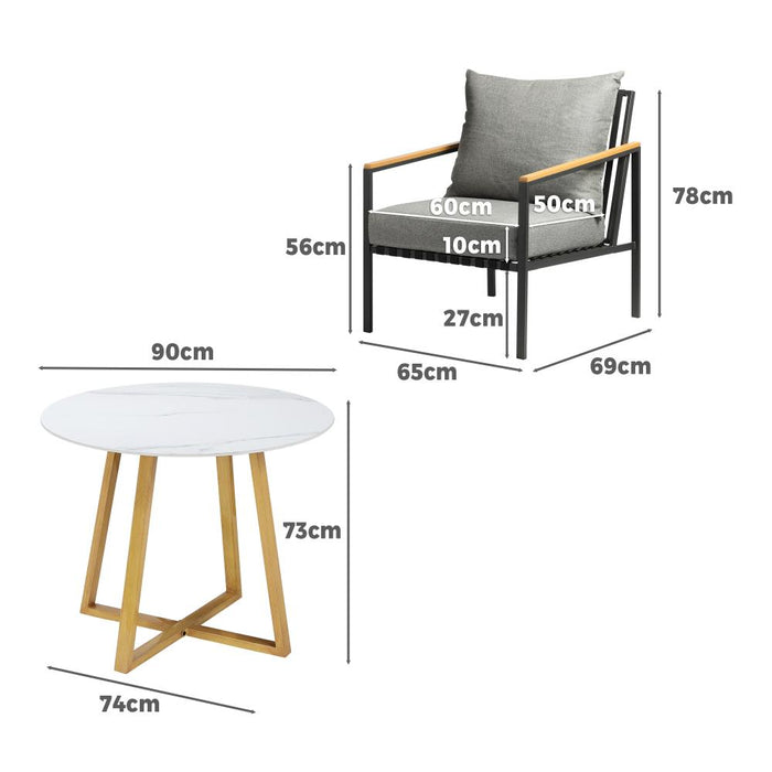 Designer 3pc Marble Stone Style Table and Chair Outdoor Set | Soft Cushioned Chairs and Table Patio Furniture Set