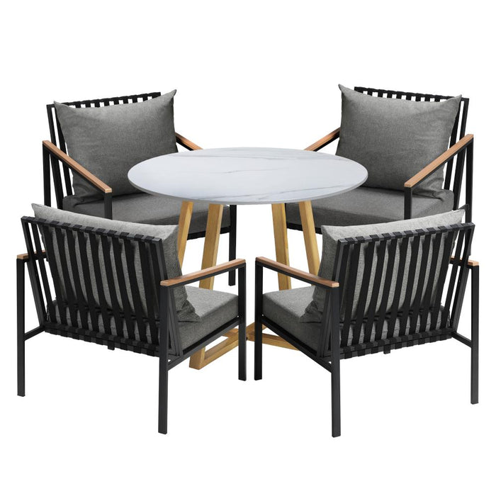 Designer 5pc Marble Stone Style Table and Chair Outdoor Set | Soft Cushioned Chairs and Table Patio Furniture Set