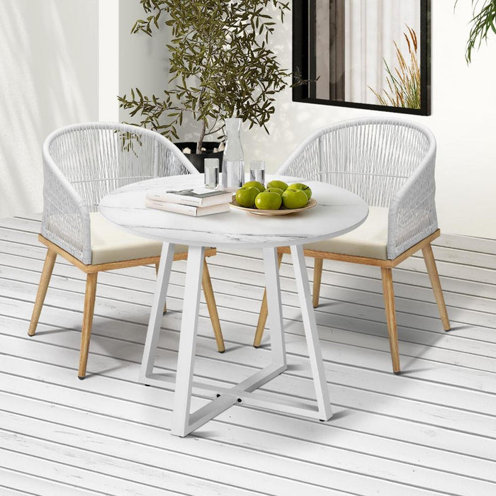 Designer 3pc Marble Stone Style Table and Chair Outdoor Set | Soft Cushioned Chairs and Table Patio Furniture Set