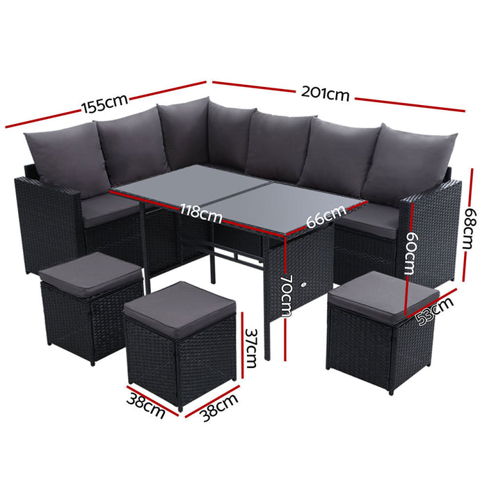 Budva Luxe 9 Piece Outdoor Wicker Furniture Patio Set | Modern Rattan Quality 9pc Sofa Set Outdoor Dining Set