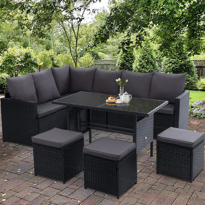 Budva Luxe 9 Piece Outdoor Wicker Furniture Patio Set | Modern Rattan Quality 9pc Sofa Set Outdoor Dining Set