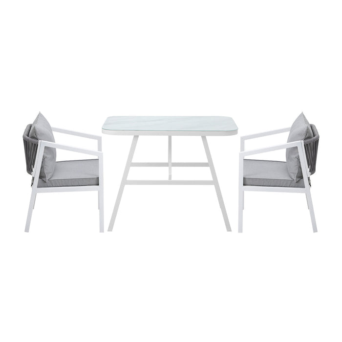 Alluro White 3pc Marble Style Table and Chair Outdoor Set | Soft Cushioned Chairs and Table Patio Furniture Set