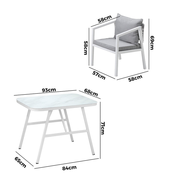 Alluro White 3pc Marble Style Table and Chair Outdoor Set | Soft Cushioned Chairs and Table Patio Furniture Set