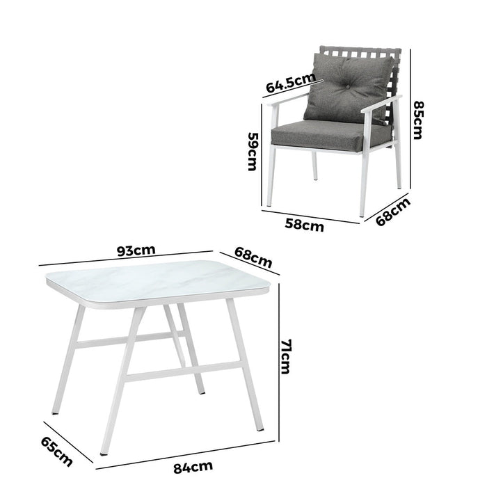 Alluro White 3pc Marble Style Table and Chair Outdoor Set | Soft Cushioned Chairs and Table Patio Furniture Set