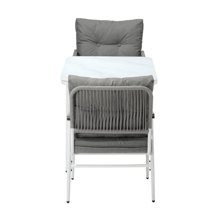 Alluro White 3pc Marble Style Table and Chair Outdoor Set | Soft Cushioned Chairs and Table Patio Furniture Set