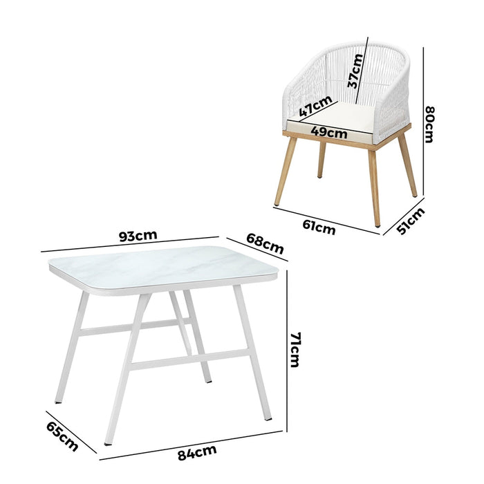Alluro White 3pc Marble Style Table and Chair Outdoor Set | Soft Cushioned Chairs and Table Patio Furniture Set