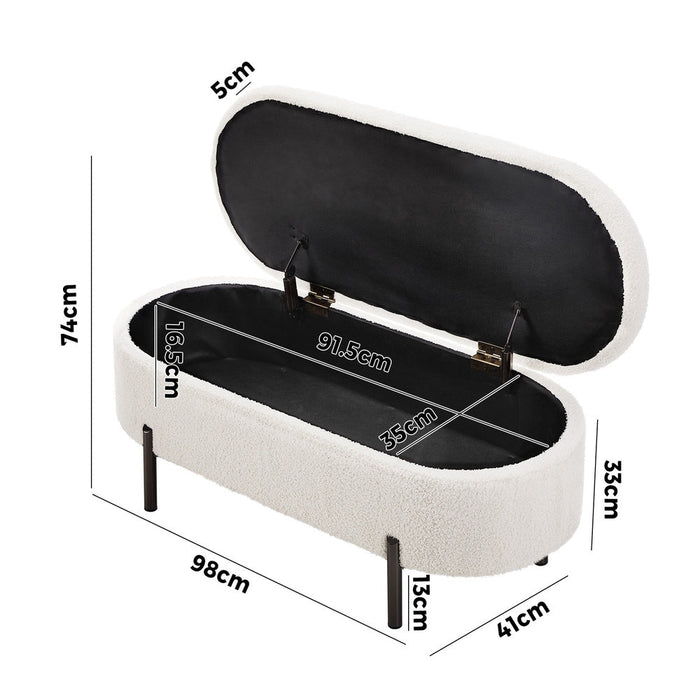 Julia Two in One Storage Ottoman and Seating Bench | Oval Shaped Modern Blanket Box Boucle or Linen