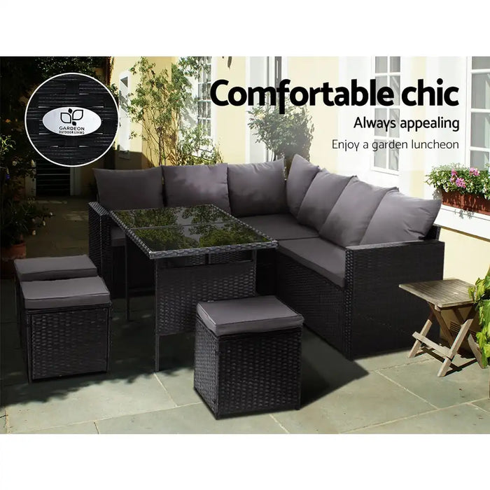 Budva Luxe 9 Piece Outdoor Wicker Furniture Patio Set | Modern Rattan Quality 9pc Sofa Set Outdoor Dining Set