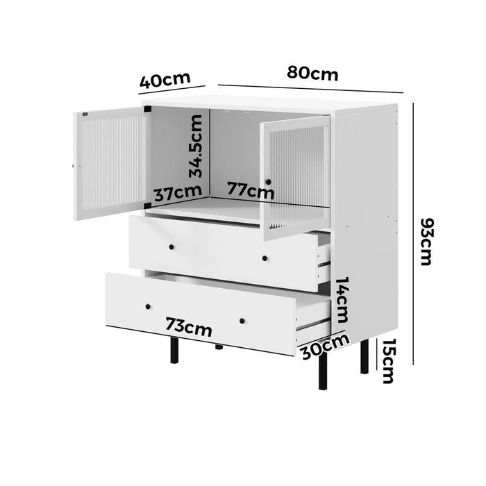 Barbados Modern 2 Drawer Sideboard with Fluted Glass Door | Hampton Style Display Storage Cabinet
